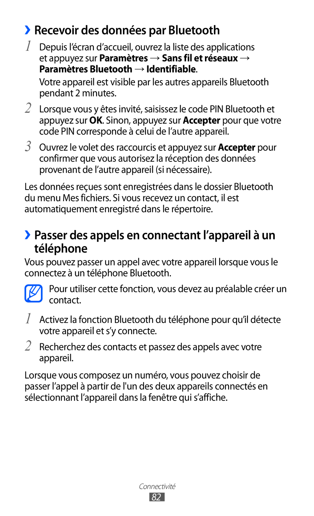 Samsung YP-GI1EW/XEF ››Recevoir des données par Bluetooth, ››Passer des appels en connectant l’appareil à un téléphone 