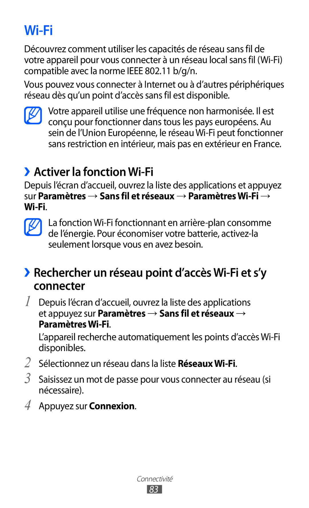 Samsung YP-GI1CW/XEF manual ››Activer la fonction Wi-Fi, ››Rechercher un réseau point d’accès Wi-Fi et s’y connecter 