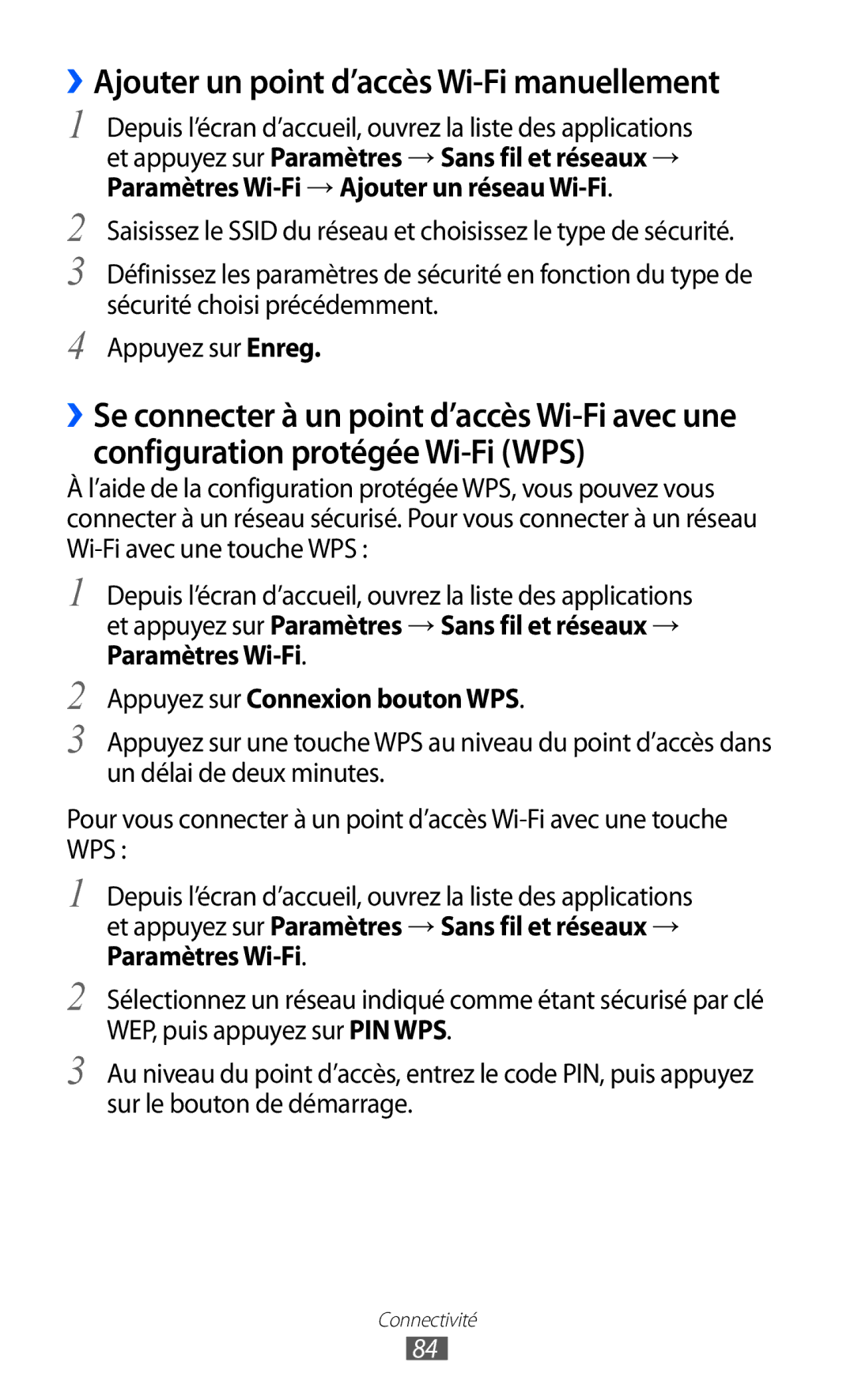 Samsung YP-G1CW/XEF, YP-GI1EW/XEF manual ››Ajouter un point d’accès Wi-Fi manuellement, Appuyez sur Connexion bouton WPS 