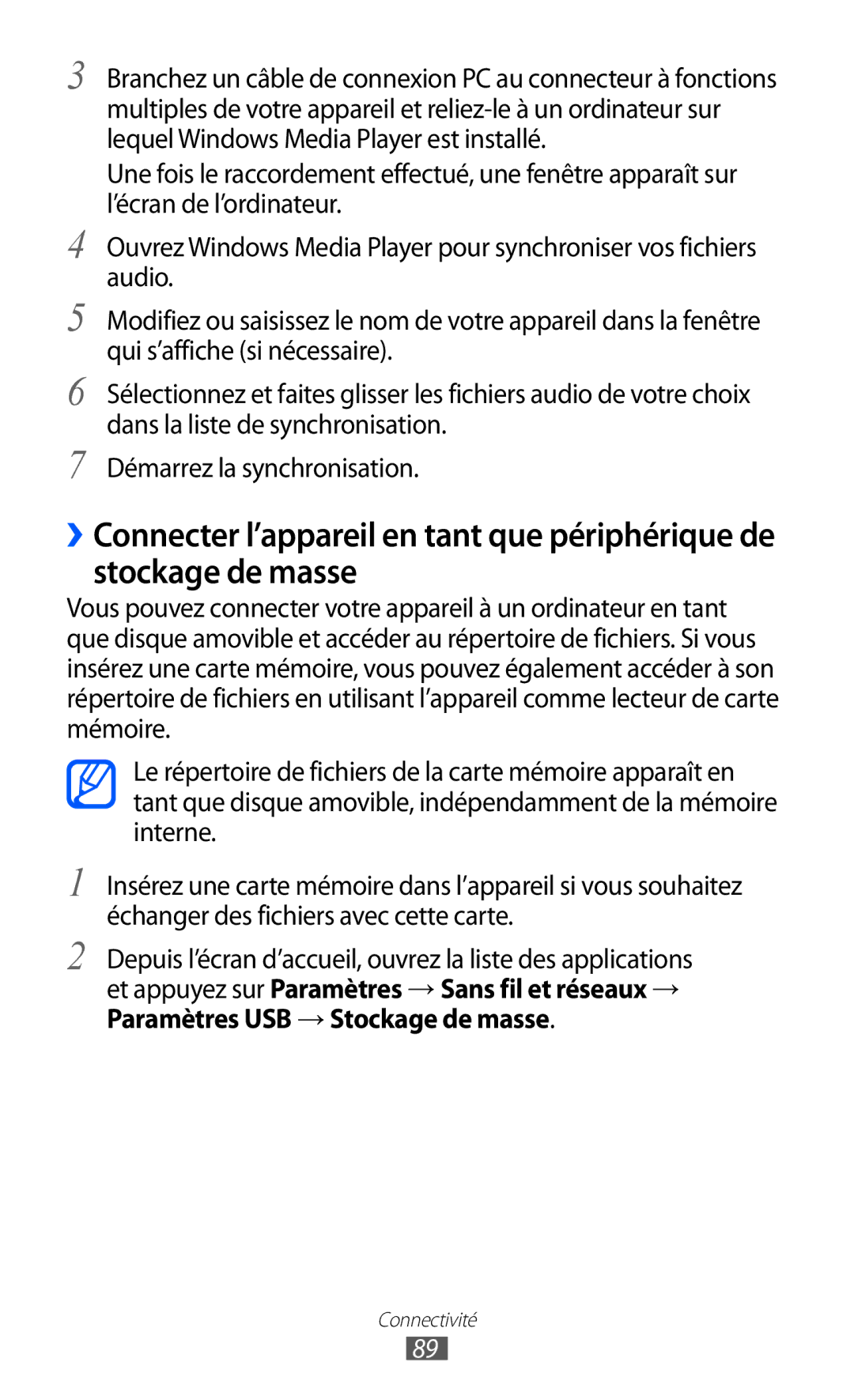 Samsung YP-GI1CW/XEF, YP-G1CW/XEF, YP-GI1EW/XEF manual Connectivité 