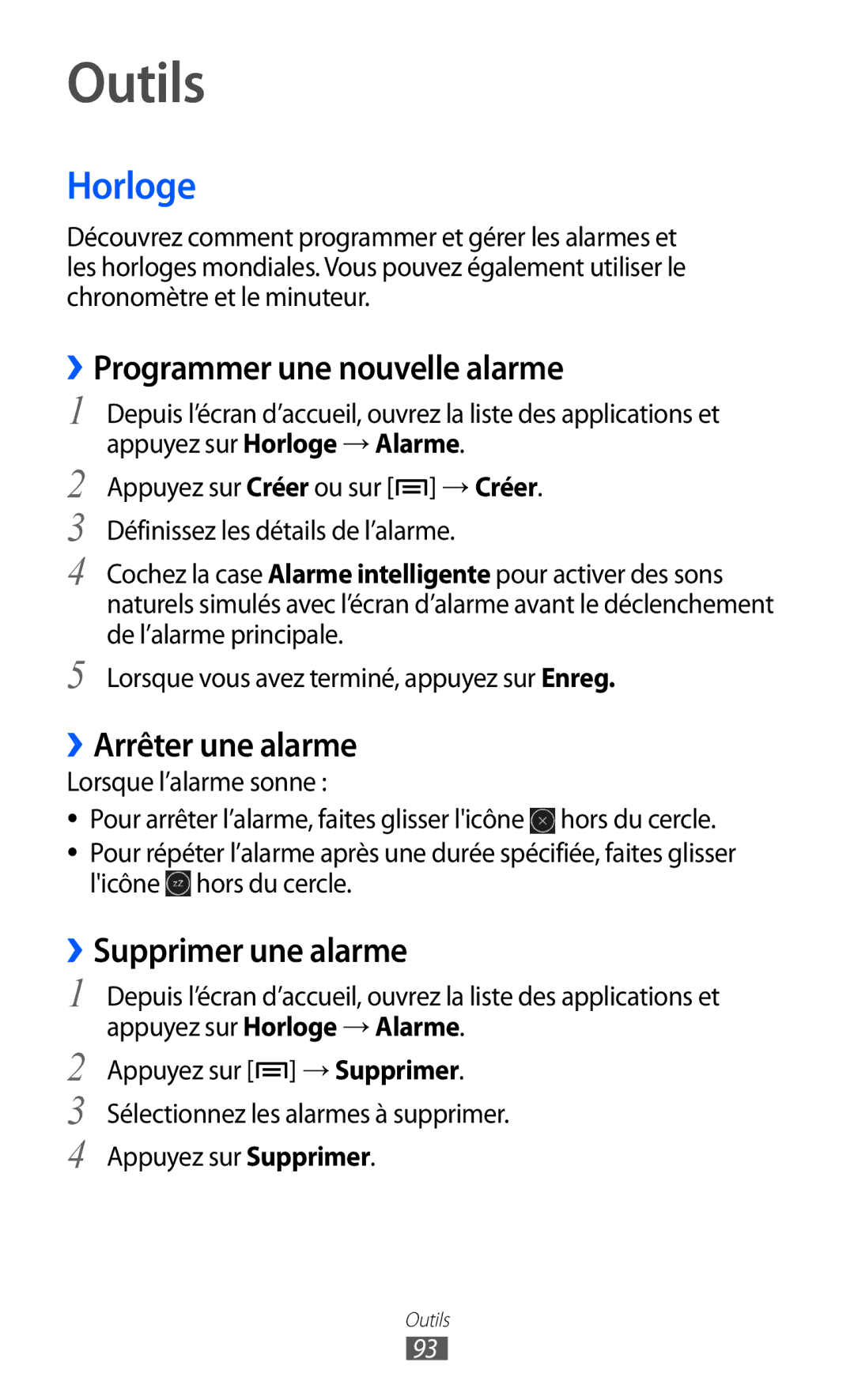 Samsung YP-G1CW/XEF manual Outils, Horloge, ››Programmer une nouvelle alarme, ››Arrêter une alarme, ››Supprimer une alarme 