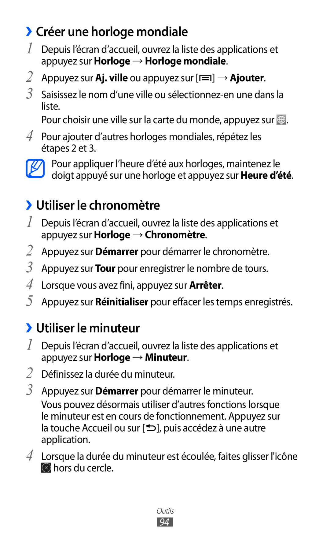Samsung YP-GI1EW/XEF, YP-G1CW/XEF manual ››Créer une horloge mondiale, ››Utiliser le chronomètre, ››Utiliser le minuteur 