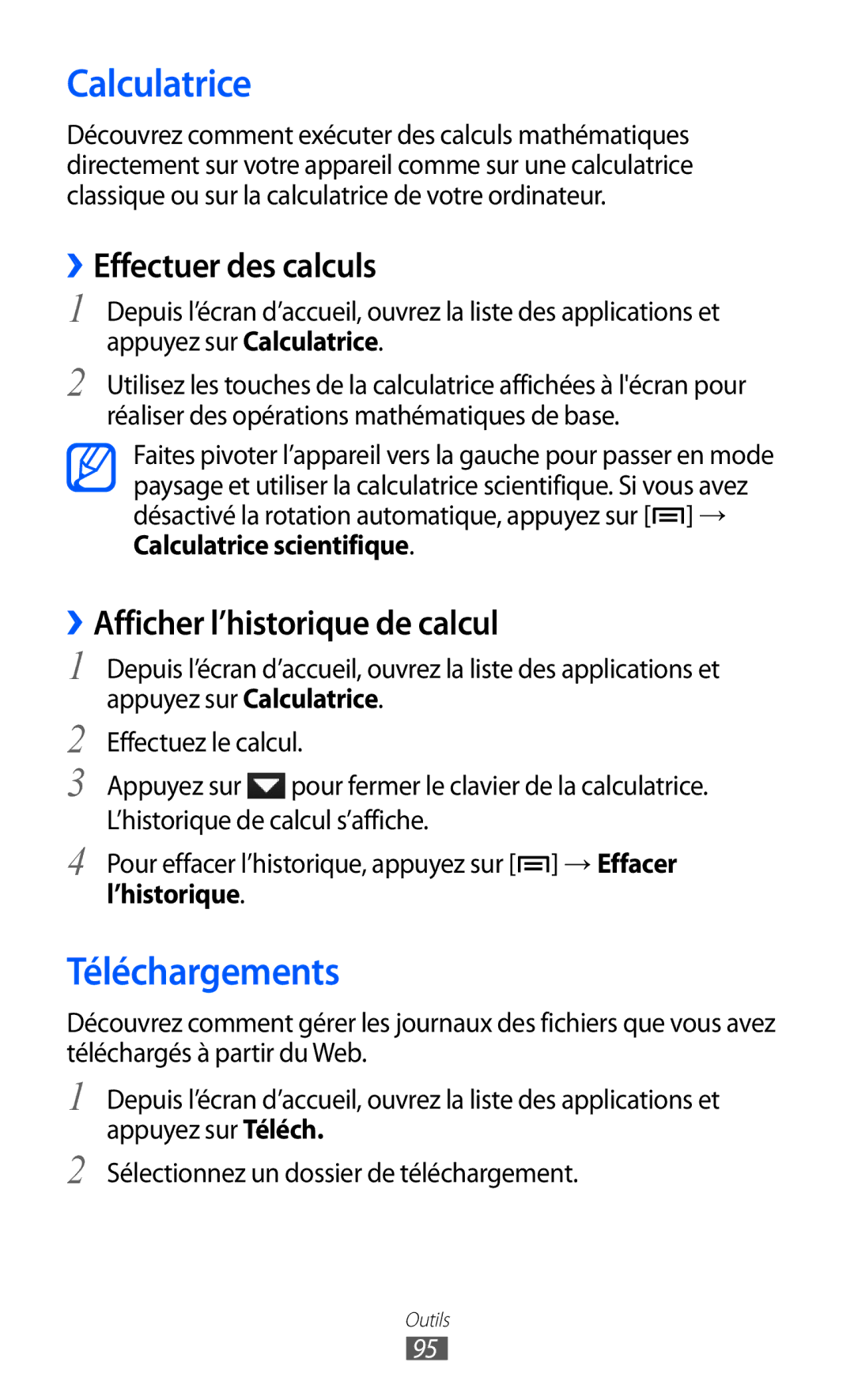 Samsung YP-GI1CW/XEF manual Calculatrice, Téléchargements, ››Effectuer des calculs, ››Afficher l’historique de calcul 