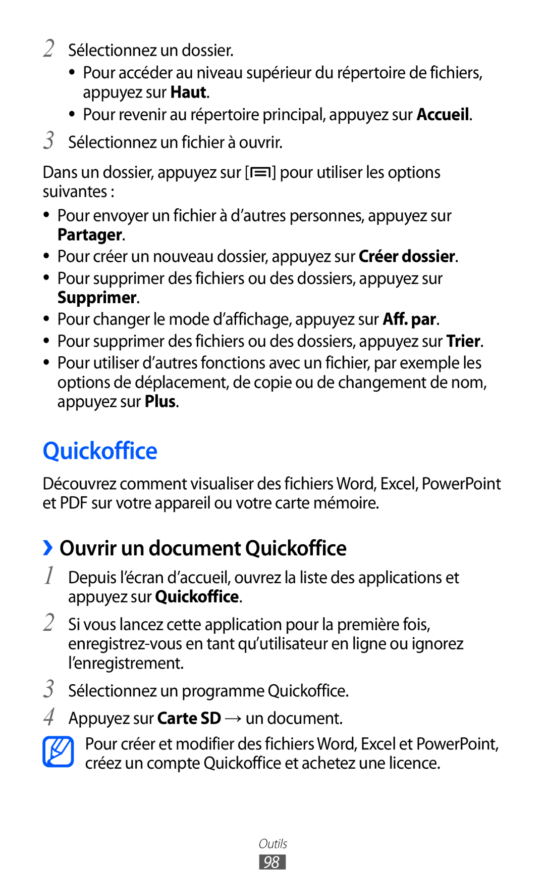 Samsung YP-GI1CW/XEF, YP-G1CW/XEF, YP-GI1EW/XEF manual ››Ouvrir un document Quickoffice 