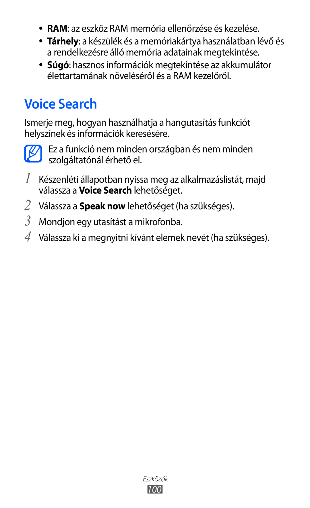 Samsung YP-GI1CW/ROM, YP-G1CW/XEG, YP-GI1CW/XEG manual Voice Search, RAM az eszköz RAM memória ellenőrzése és kezelése, 100 