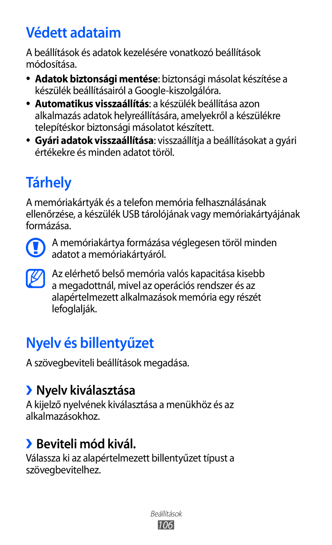 Samsung YP-GI1CW/XEG manual Védett adataim, Tárhely, Nyelv és billentyűzet, ››Nyelv kiválasztása, ››Beviteli mód kivál 