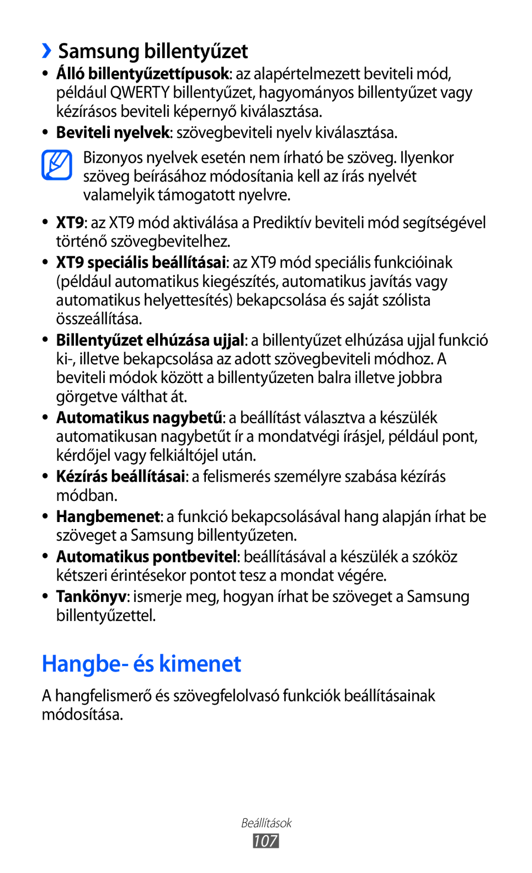 Samsung YP-GI1CW/ROM, YP-G1CW/XEG, YP-GI1CW/XEG, YP-GI1CW/XEZ, YP-GI1CW/XEH Hangbe- és kimenet, ››Samsung billentyűzet, 107 