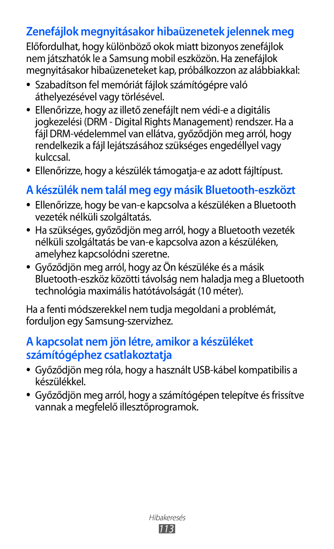 Samsung YP-GI1CW/XEG, YP-G1CW/XEG, YP-GI1CW/ROM, YP-GI1CW/XEZ manual Zenefájlok megnyitásakor hibaüzenetek jelennek meg, 113 