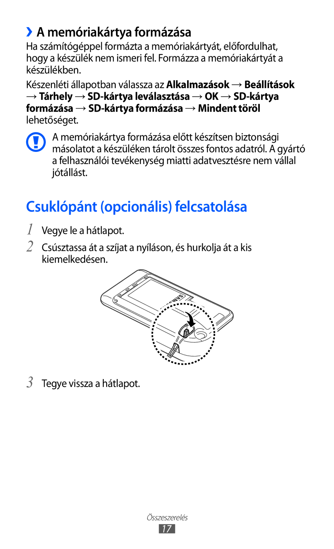 Samsung YP-GI1CW/XEZ, YP-G1CW/XEG, YP-GI1CW/XEG, YP-G1CW/EDC Csuklópánt opcionális felcsatolása, ››A memóriakártya formázása 