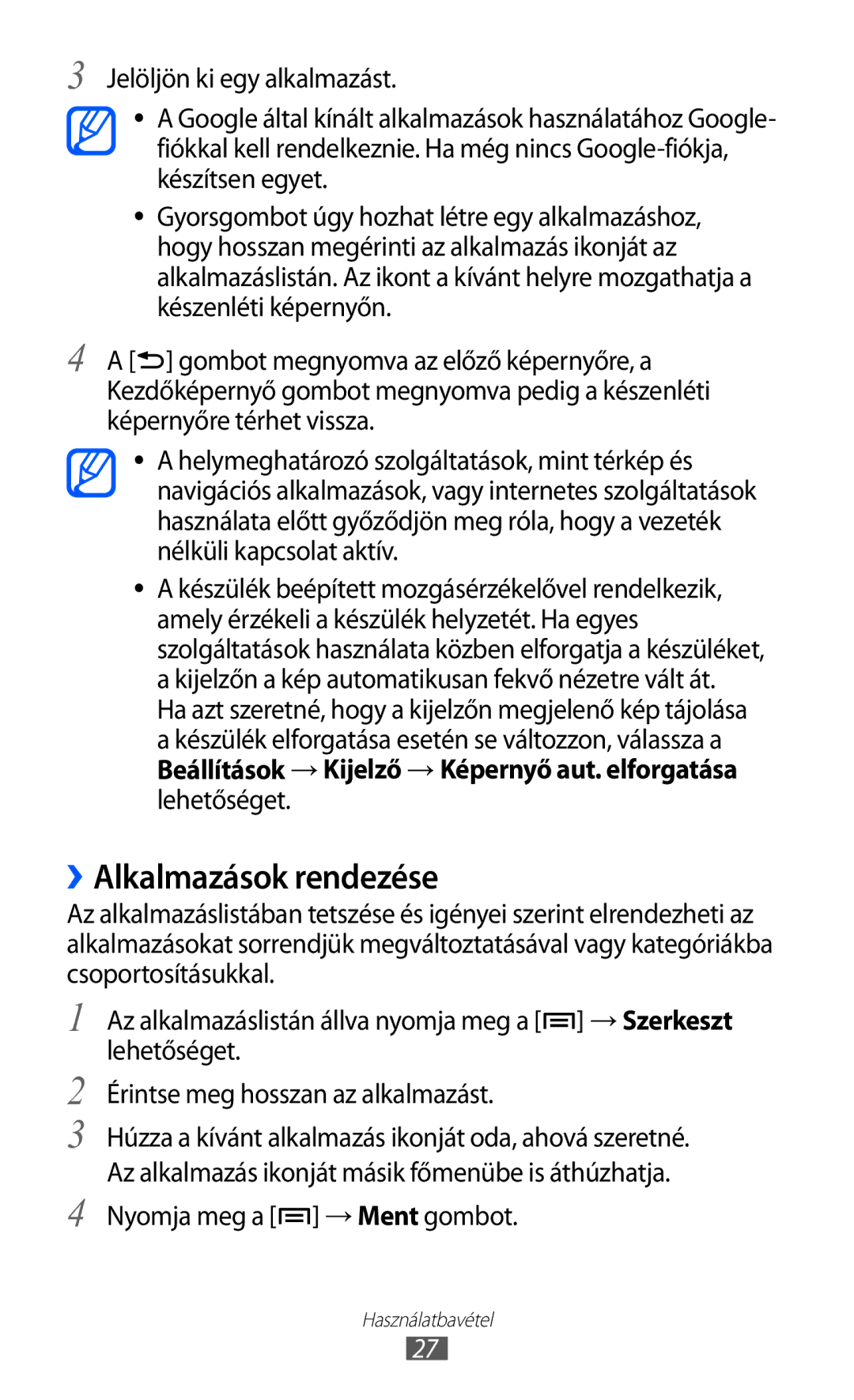 Samsung YP-G1CW/EDC, YP-G1CW/XEG, YP-GI1CW/XEG manual ››Alkalmazások rendezése, Lehetőséget, Nyomja meg a → Ment gombot 