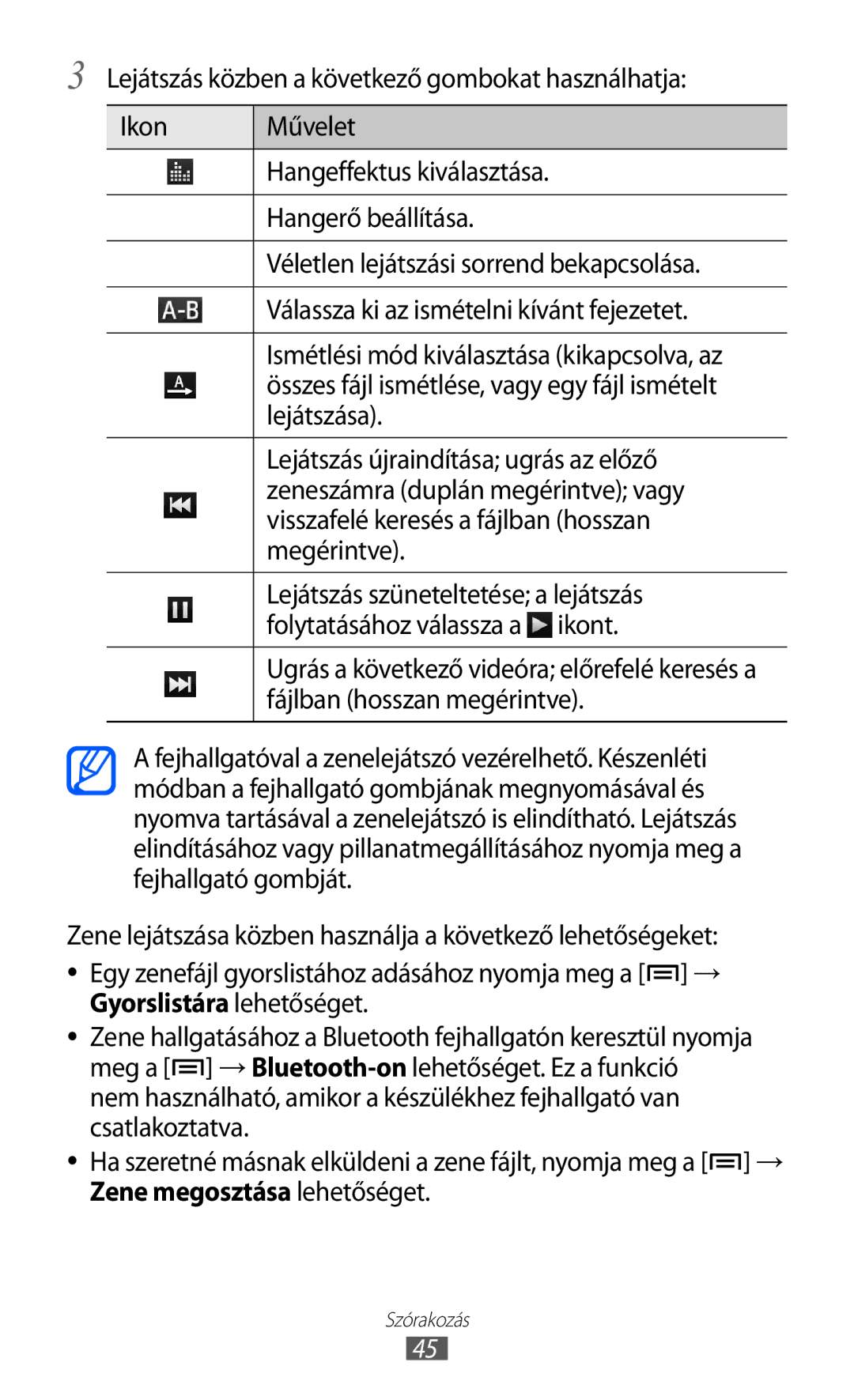 Samsung YP-GI1CW/XEZ Összes fájl ismétlése, vagy egy fájl ismételt, Lejátszása, Lejátszás újraindítása ugrás az előző 