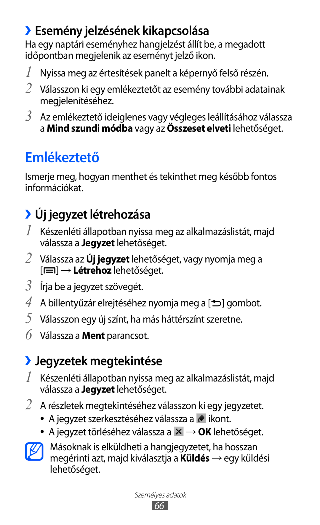 Samsung YP-GI1CW/XEZ Emlékeztető, ››Esemény jelzésének kikapcsolása, ››Új jegyzet létrehozása, ››Jegyzetek megtekintése 