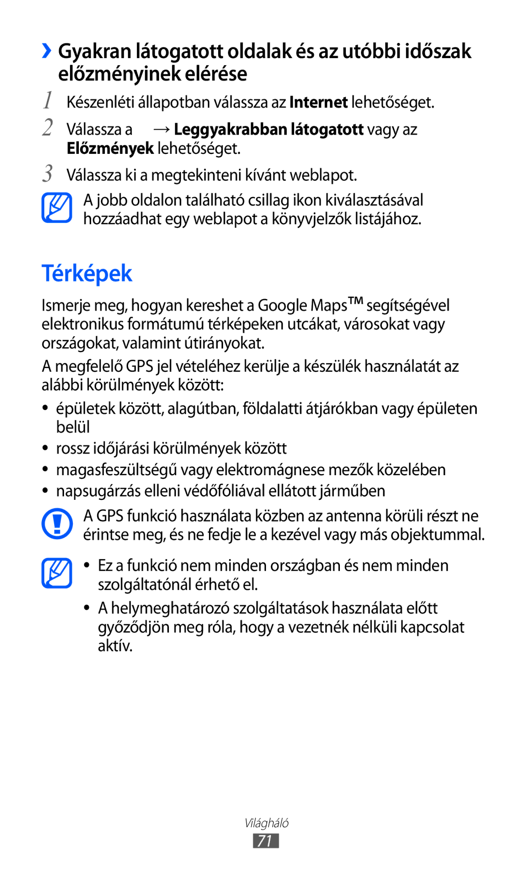 Samsung YP-GI1CW/XEG, YP-G1CW/XEG, YP-GI1CW/ROM manual Térképek, Készenléti állapotban válassza az Internet lehetőséget 
