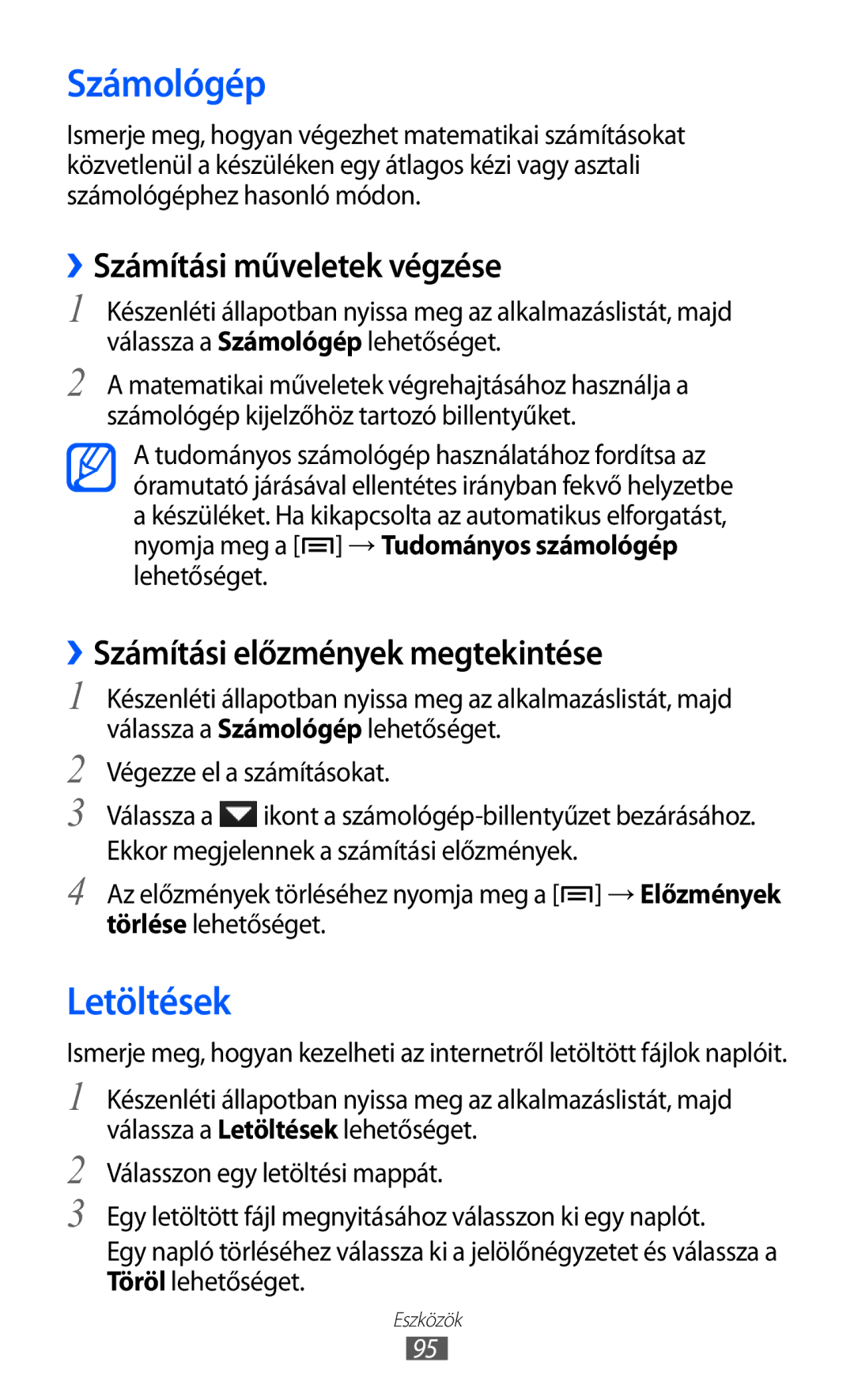 Samsung YP-GI1CW/XEH manual Számológép, Letöltések, ››Számítási műveletek végzése, ››Számítási előzmények megtekintése 