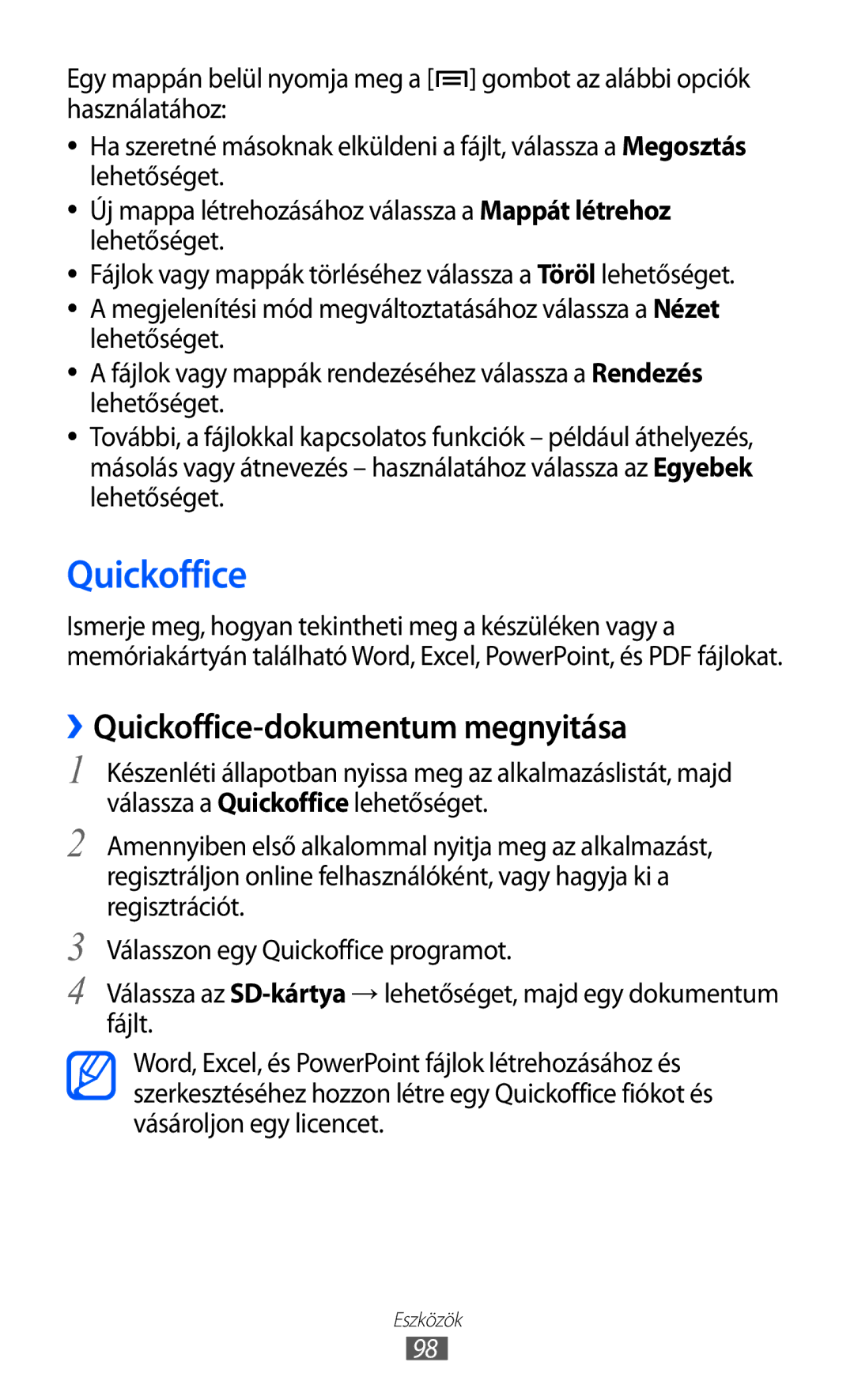 Samsung YP-G1CW/XEG, YP-GI1CW/XEG, YP-GI1CW/ROM, YP-GI1CW/XEZ, YP-GI1CW/XEH manual ››Quickoffice-dokumentum megnyitása 