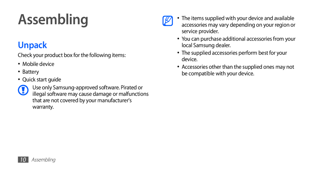 Samsung YP-GI1CW/EUR, YP-G1CW/XEG, YP-GI1CW/XEG, YP-GI1CW/XET, YP-GI1CW/XEU, YP-G1CW/XEE, YP-GI1CW/ROM manual Assembling, Unpack 