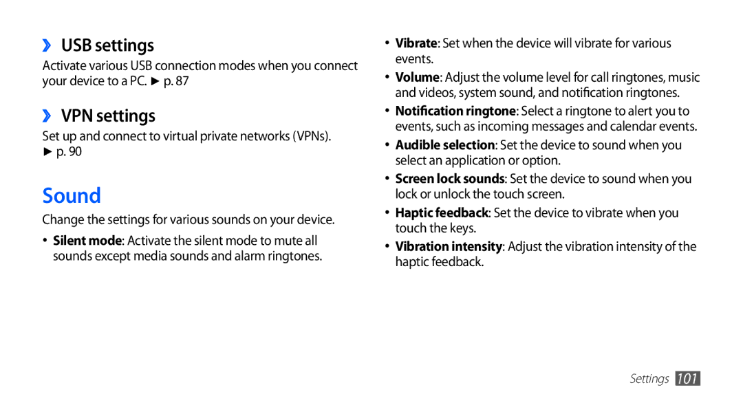 Samsung YP-G1EW/EDC Sound, ›› USB settings, ›› VPN settings, Vibrate Set when the device will vibrate for various events 