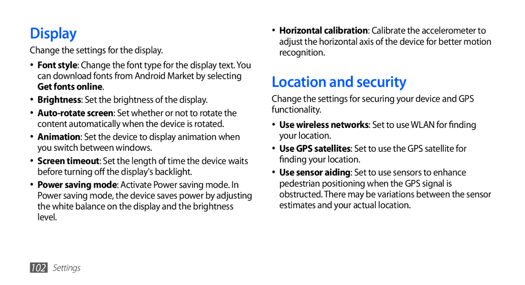 Samsung YP-GI1CW/XEH, YP-G1CW/XEG, YP-GI1CW/XEG, YP-GI1CW/XET, YP-GI1CW/XEU, YP-G1CW/XEE manual Display, Location and security 