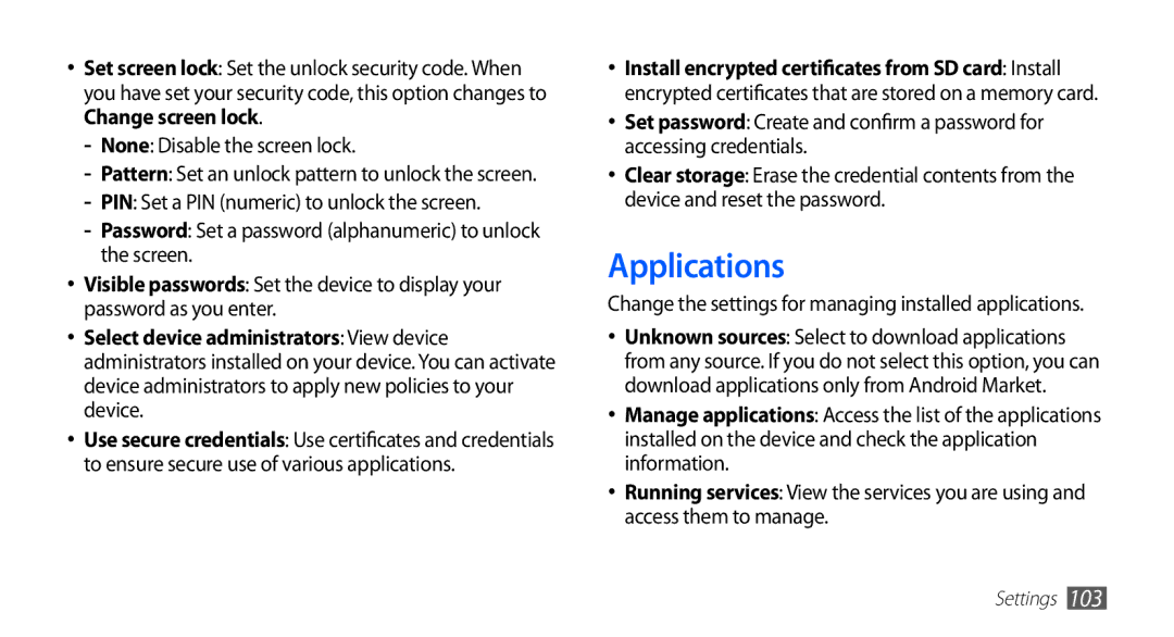 Samsung YP-GI1CW/EDC, YP-G1CW/XEG, YP-GI1CW/XEG manual Applications, Change the settings for managing installed applications 