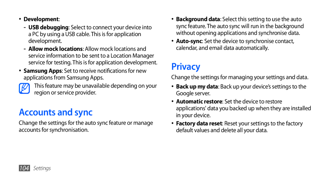 Samsung YP-G1CW/EDC, YP-G1CW/XEG, YP-GI1CW/XEG, YP-GI1CW/XET, YP-GI1CW/XEU manual Accounts and sync, Privacy, Development 