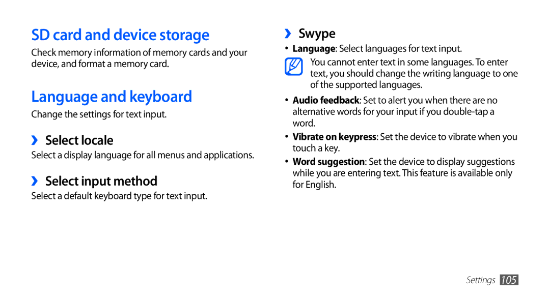 Samsung YP-G1CW/XEG SD card and device storage, Language and keyboard, ›› Select locale, ›› Select input method, ›› Swype 