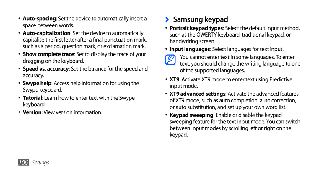 Samsung YP-GI1CW/XEG, YP-G1CW/XEG, YP-GI1CW/XET manual ›› Samsung keypad, Input languages Select languages for text input 