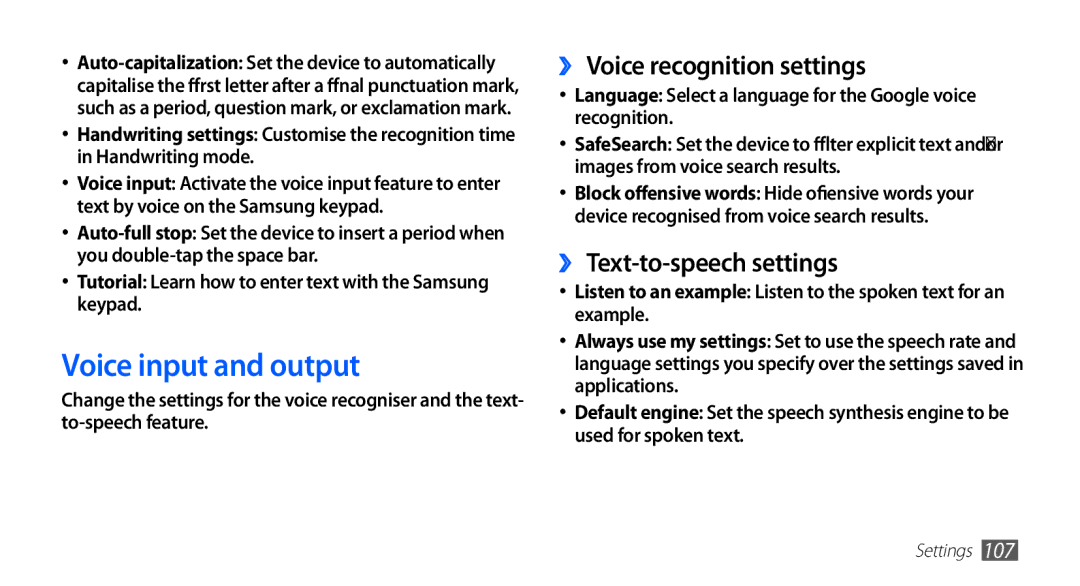 Samsung YP-GI1CW/XET, YP-G1CW/XEG manual Voice input and output, ›› Voice recognition settings, ›› Text-to-speech settings 