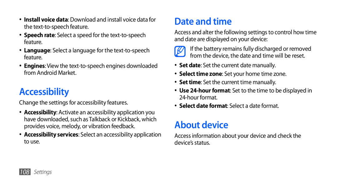 Samsung YP-GI1CW/XEU manual Accessibility, Date and time, About device, Change the settings for accessibility features 