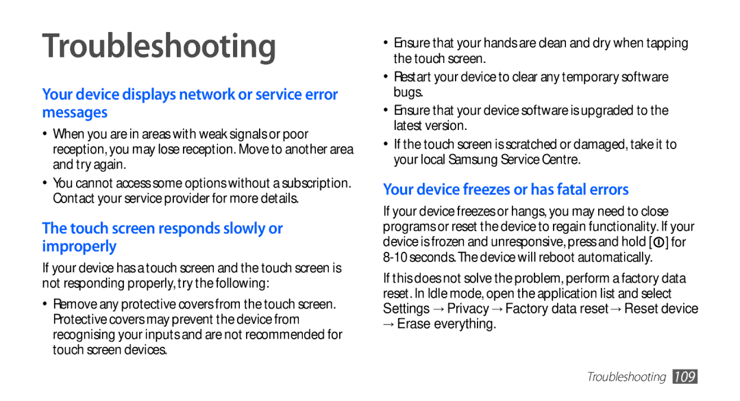 Samsung YP-G1CW/XEE manual Troubleshooting, Your device displays network or service error messages, → Erase everything 