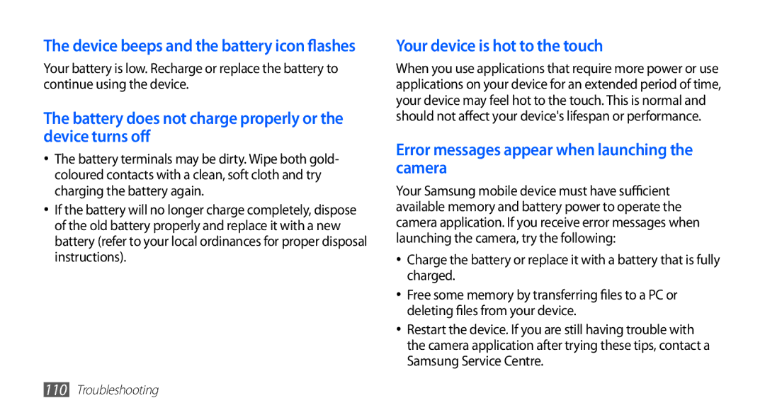 Samsung YP-GI1CW/ROM manual Battery does not charge properly or the device turns off, Your device is hot to the touch 