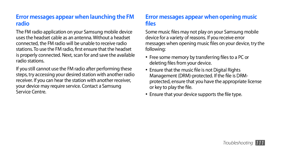 Samsung YP-GI1CW/XEZ Error messages appear when launching the FM radio, Error messages appear when opening music files 