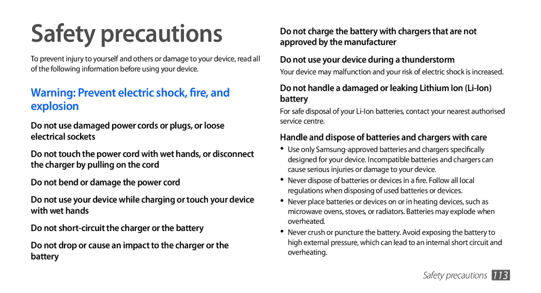 Samsung YP-G1EW/XEZ, YP-G1CW/XEG, YP-GI1CW/XEG Safety precautions, Handle and dispose of batteries and chargers with care 