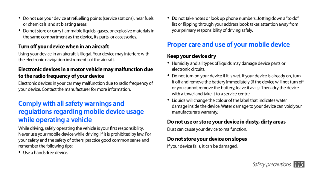 Samsung YP-GI1CW/EUR, YP-G1CW/XEG manual Proper care and use of your mobile device, Turn off your device when in an aircraft 