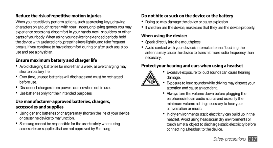 Samsung YP-GI1CW/XEH, YP-G1CW/XEG, YP-GI1CW/XEG, YP-GI1CW/XET, YP-GI1CW/XEU Reduce the risk of repetitive motion injuries 