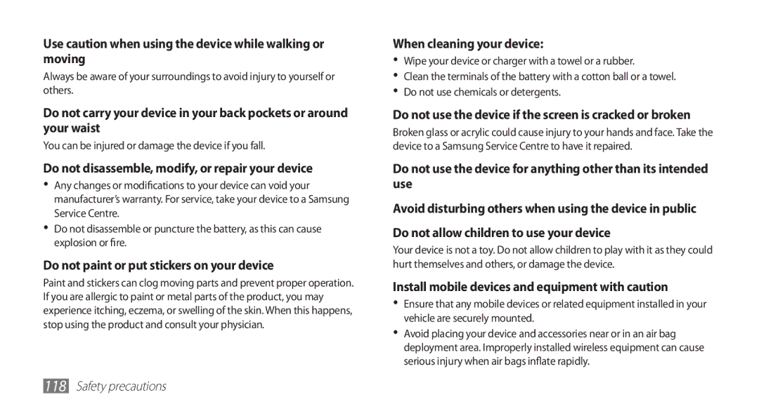 Samsung YP-GI1CW/EDC, YP-G1CW/XEG, YP-GI1CW/XEG, YP-GI1CW/XET manual Use caution when using the device while walking or moving 