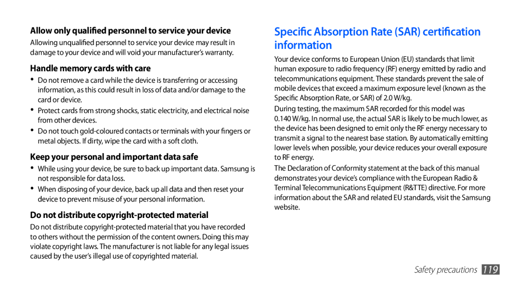 Samsung YP-G1CW/EDC, YP-G1CW/XEG, YP-GI1CW/XEG, YP-GI1CW/XET manual Specific Absorption Rate SAR certification information 