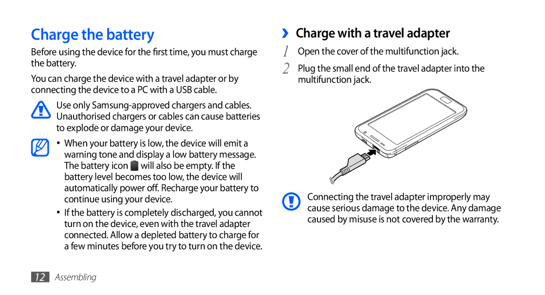 Samsung YP-GI1CW/XEH, YP-G1CW/XEG, YP-GI1CW/XEG, YP-GI1CW/XET manual Charge the battery, ›› Charge with a travel adapter 