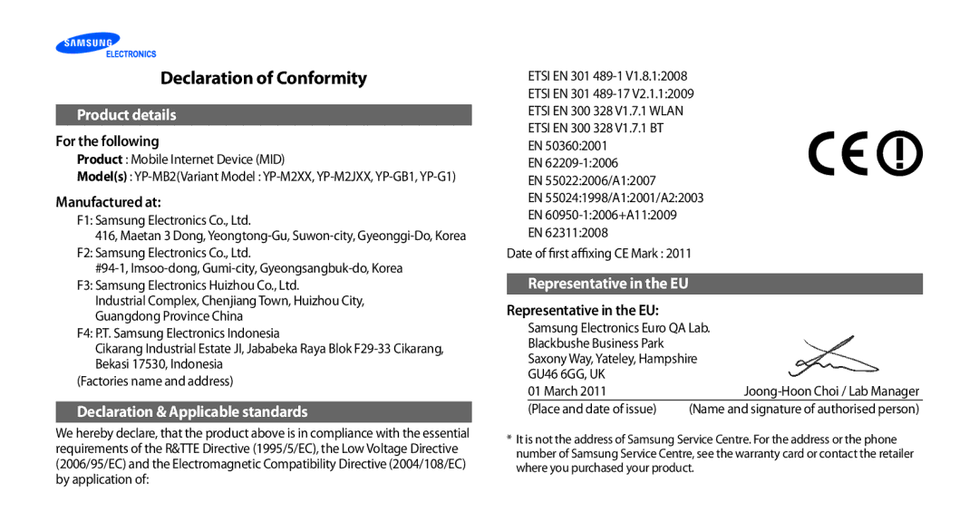 Samsung YP-GI1CW/XEZ, YP-G1CW/XEG, YP-GI1CW/XEG, YP-GI1CW/XET, YP-GI1CW/XEU manual Declaration of Conformity, Product details 