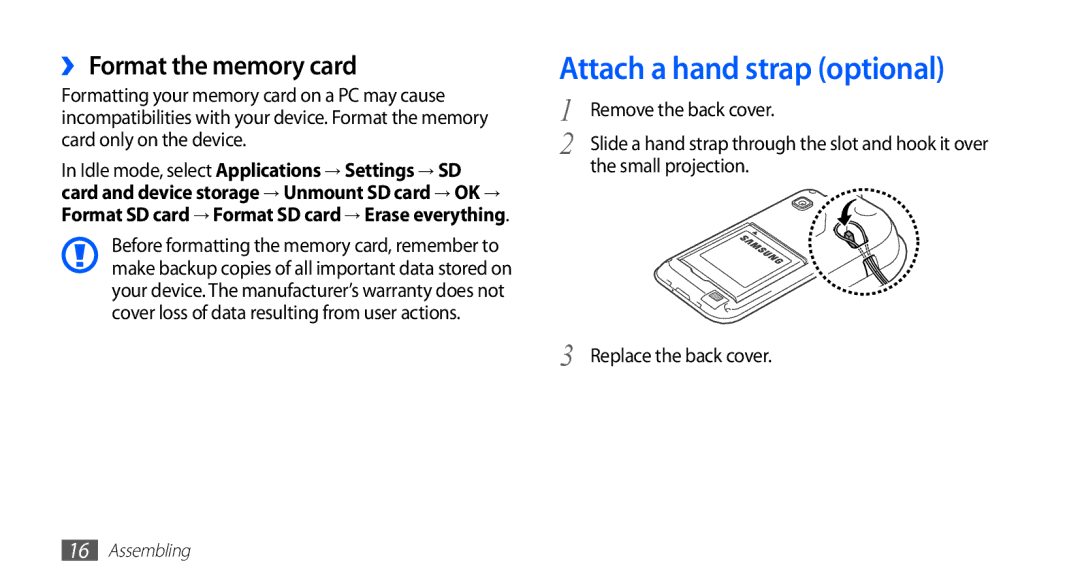 Samsung YP-GI1CW/XEG, YP-G1CW/XEG, YP-GI1CW/XET Attach a hand strap optional, ›› Format the memory card, Small projection 