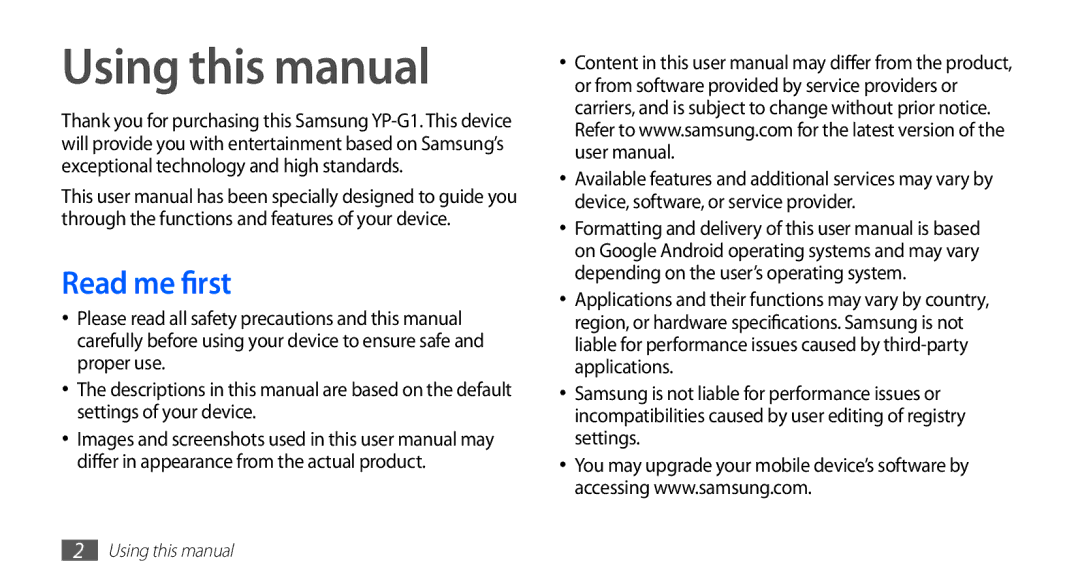 Samsung YP-GI1CW/XET, YP-G1CW/XEG, YP-GI1CW/XEG, YP-GI1CW/XEU, YP-G1CW/XEE, YP-GI1CW/ROM Using this manual, Read me first 