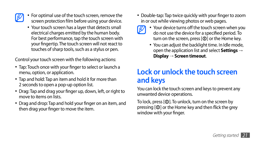 Samsung YP-GI1CW/XEZ, YP-G1CW/XEG, YP-GI1CW/XEG, YP-GI1CW/XET, YP-GI1CW/XEU manual Lock or unlock the touch screen and keys 