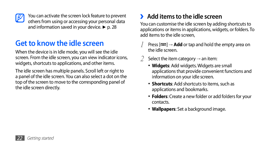 Samsung YP-G1CW/XEZ, YP-G1CW/XEG, YP-GI1CW/XEG Get to know the idle screen, ›› Add items to the idle screen, Idle screen 