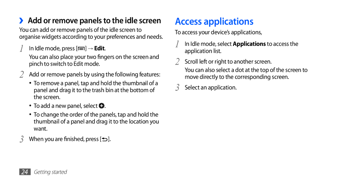 Samsung YP-G1CW/EUR Access applications, To access your device’s applications, Application list, Select an application 