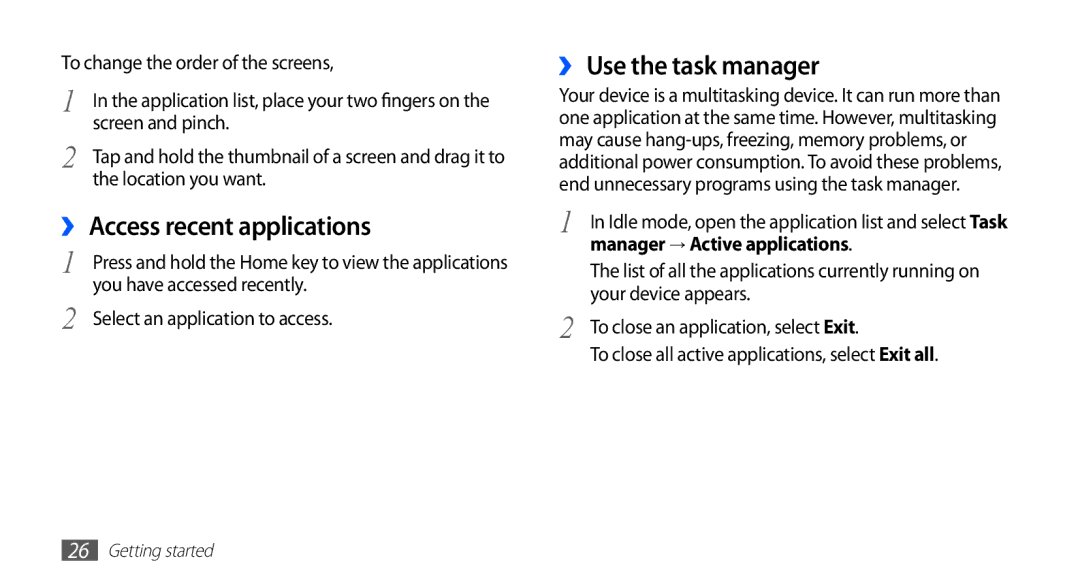 Samsung YP-G1EW/EDC, YP-G1CW/XEG ›› Access recent applications, ›› Use the task manager, Manager → Active applications 