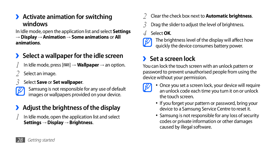 Samsung YP-GI1CW/EDC, YP-G1CW/XEG ›› Activate animation for switching Windows, ›› Adjust the brightness of the display 