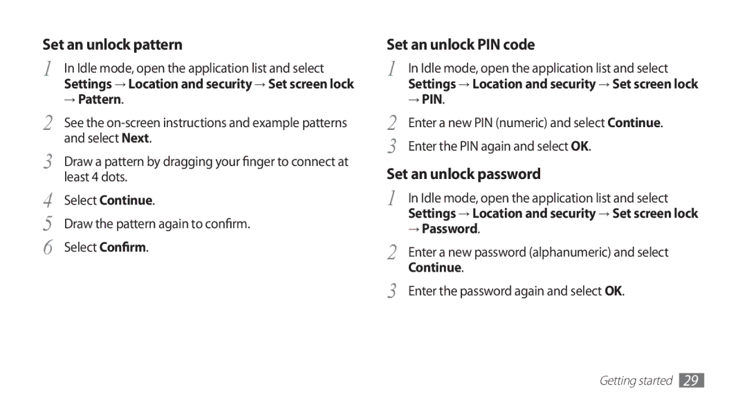 Samsung YP-G1CW/EDC, YP-G1CW/XEG, YP-GI1CW/XEG, YP-GI1CW/XET, YP-GI1CW/XEU, YP-G1CW/XEE → Pattern, → Pin, → Password, Continue 