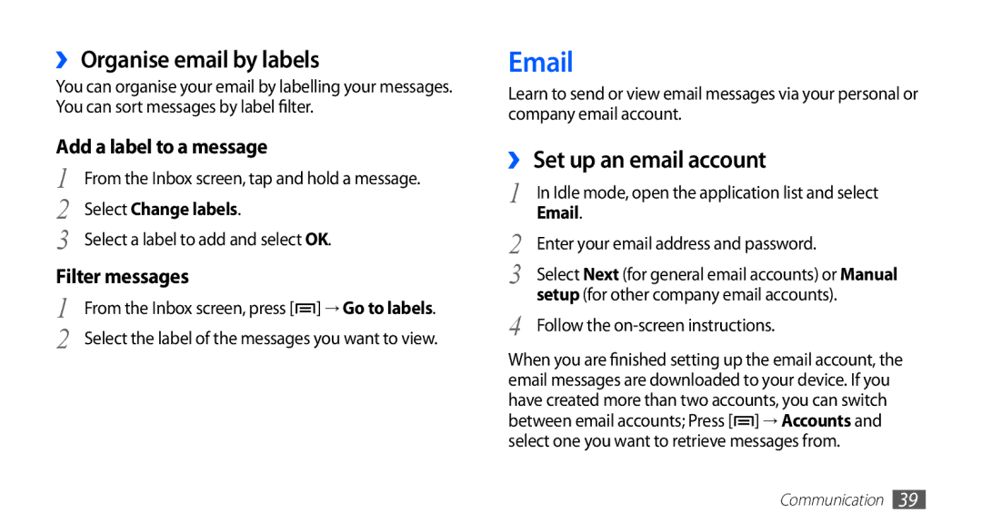 Samsung YP-G1CW/EUR manual ›› Organise email by labels, ›› Set up an email account, Enter your email address and password 