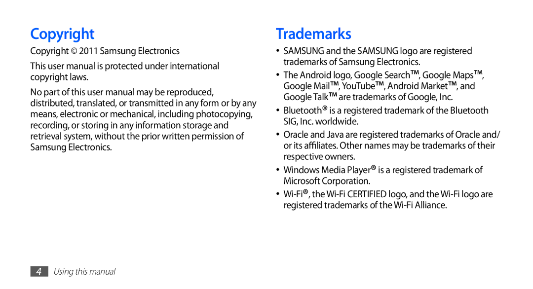 Samsung YP-G1CW/XEE, YP-G1CW/XEG, YP-GI1CW/XEG, YP-GI1CW/XET, YP-GI1CW/XEU Trademarks, Copyright 2011 Samsung Electronics 