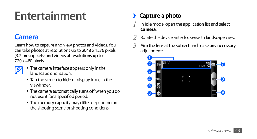 Samsung YP-GI1CW/EDC, YP-G1CW/XEG, YP-GI1CW/XEG, YP-GI1CW/XET, YP-GI1CW/XEU manual Entertainment, Camera, ›› Capture a photo 