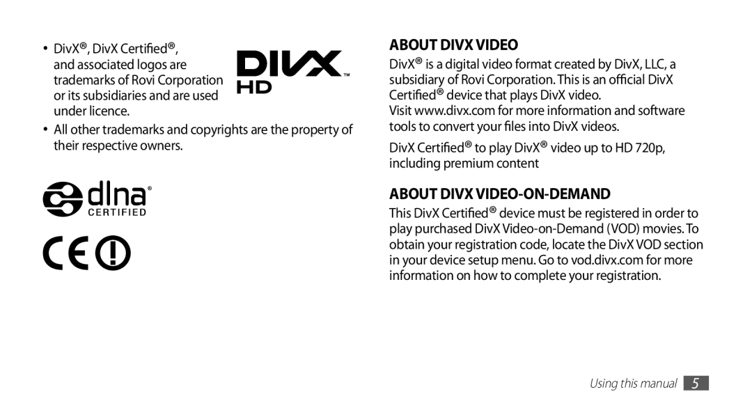 Samsung YP-GI1CW/ROM, YP-G1CW/XEG, YP-GI1CW/XEG, YP-GI1CW/XET, YP-GI1CW/XEU, YP-G1CW/XEE manual About Divx VIDEO-ON-DEMAND 